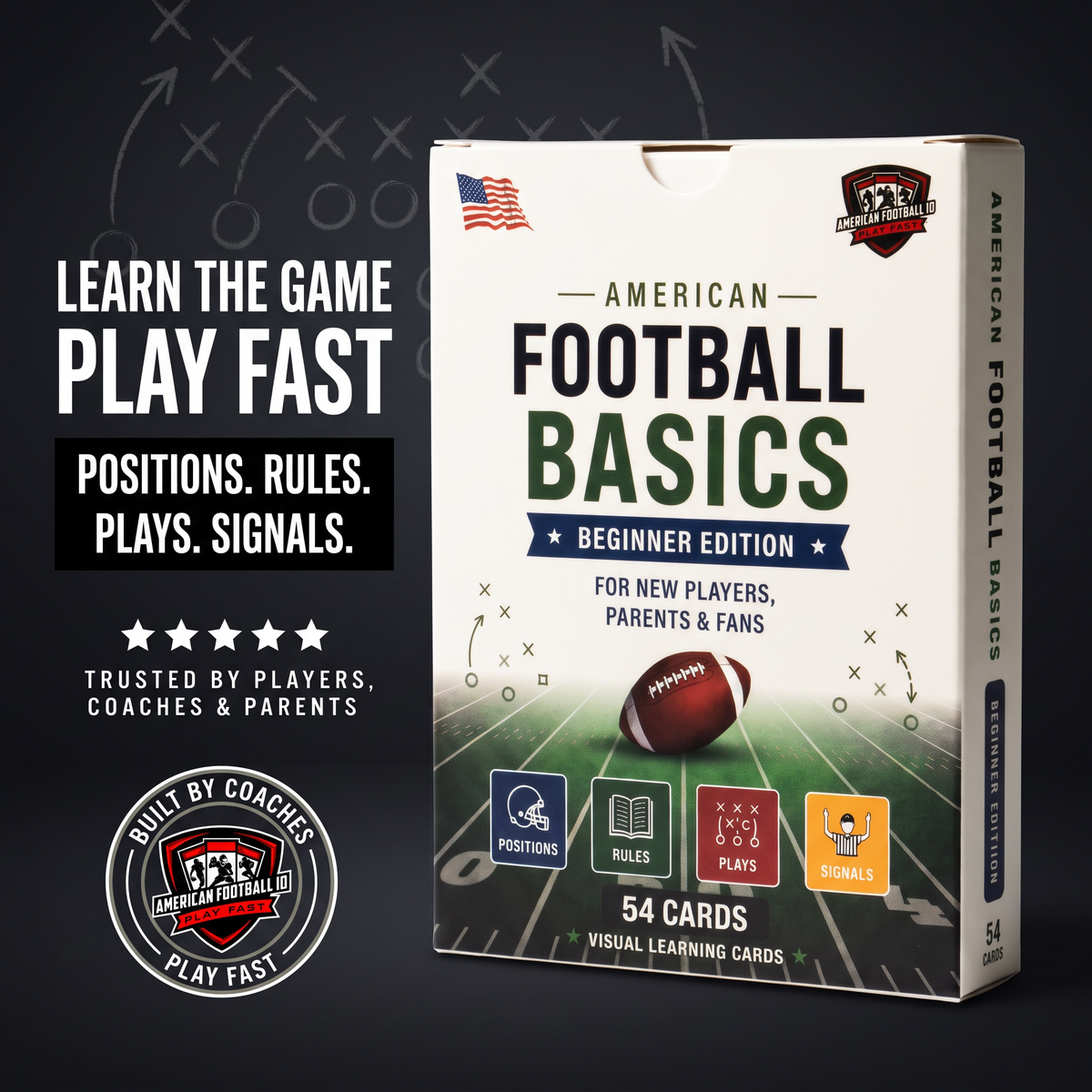 American Football Basics Beginner Edition - learn the game, play fast - 54 visual learning cards covering positions, rules, plays and signals